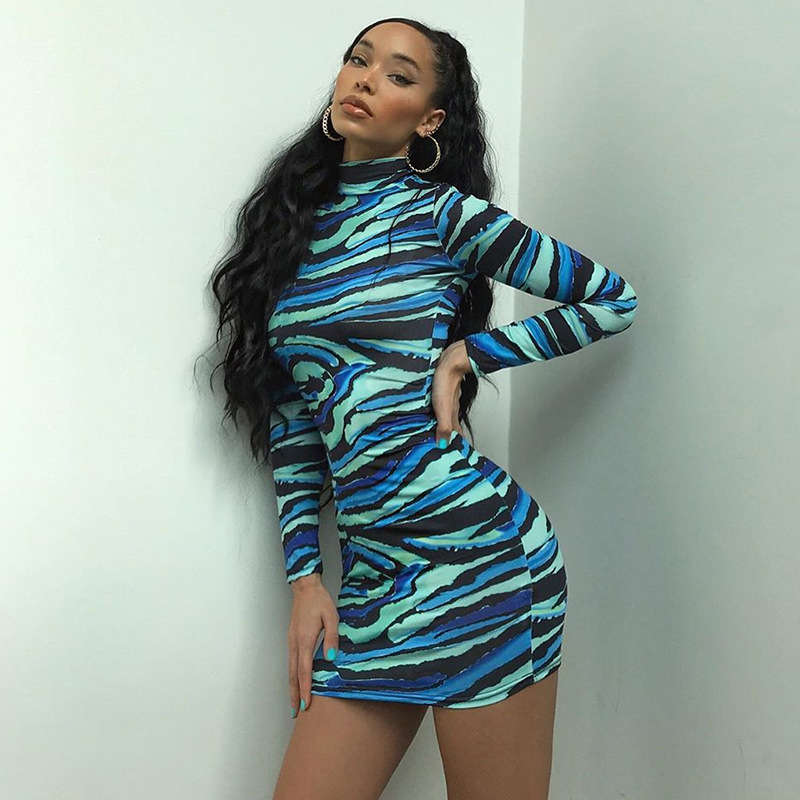 

Women' Zebra Print Bodycon Dress Casual Fashion Sexy Long Sleeve Round Neck Dresses High Street Slim Fit Bag Hip Mini Dress, Blue