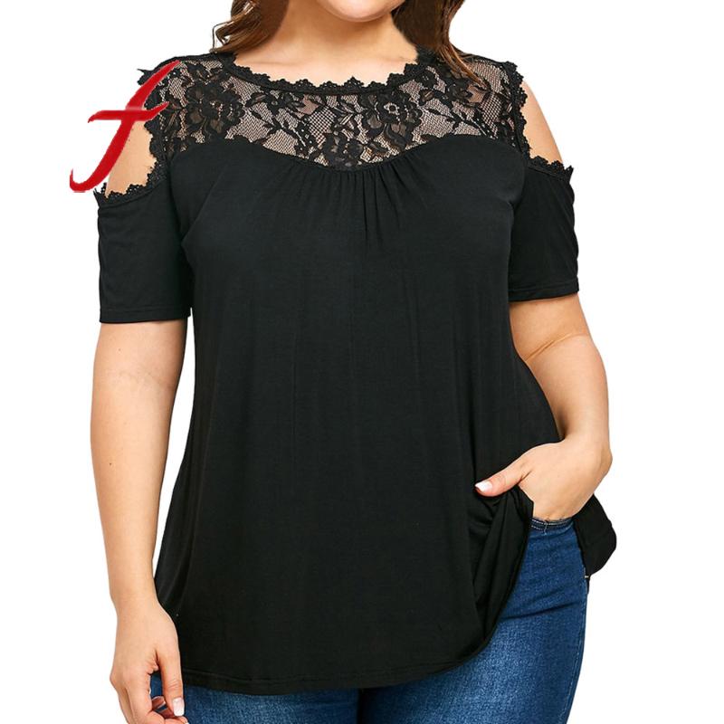 

feitong Fashion Womens blouses Plus Size Cold Shoulder Strapless Lace Short Sleeve shirt Tops Women Clothes blusas mujer de moda, Black