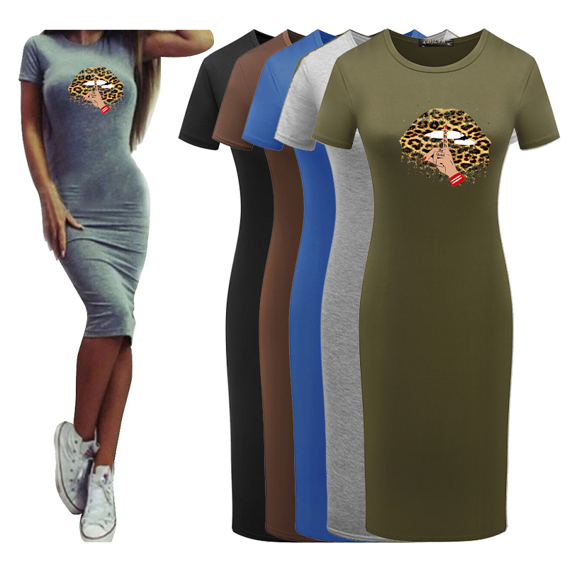

Women Summer Fashion Dress 2020 Hot Sale Short Sleeve Knee-length Dress Women Designer Mouth Printed Sexy Bodycon Dresses, Green