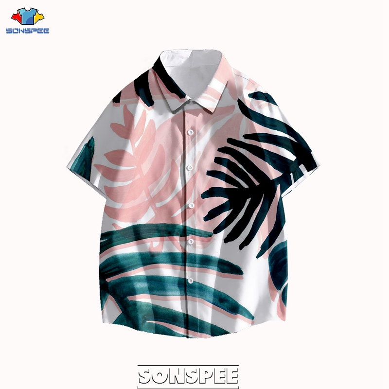 

SONSPEE Summer Fashion Men Short Sleeve Hawaiian Shirt Casual Harajuku Beach Plant Leaf Print Shirts For Men Loose Breathable