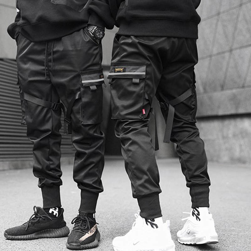 

Men Ribbons Color Block Black Pocket Cargo Pants 2020 Harem Joggers Harajuku Sweatpant Hip Hop Trousers