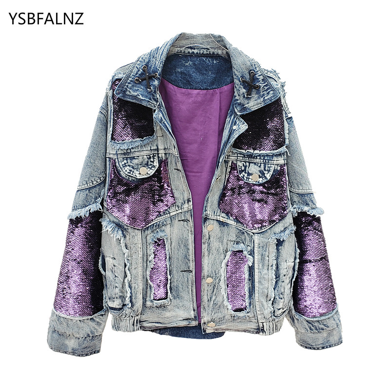 

Sequins Spliced Denim Jacket Autumn Women Loose Fashion Harajuku BF Short Jean Coats Unisex Female Jackets Hole Roupas Femininas, Purple