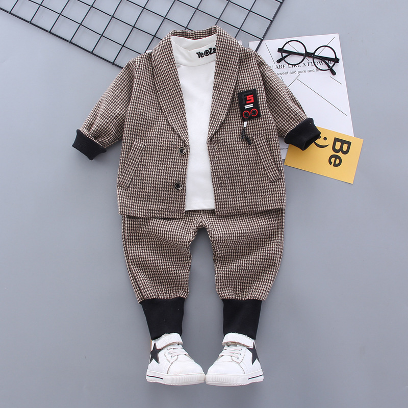 

2020 Autumn Winter Children's New Boys Small Plaid Suit Baby Boy Letter Bottoming Shirt Long-sleeved Jacket Trousers Three-piece, Black