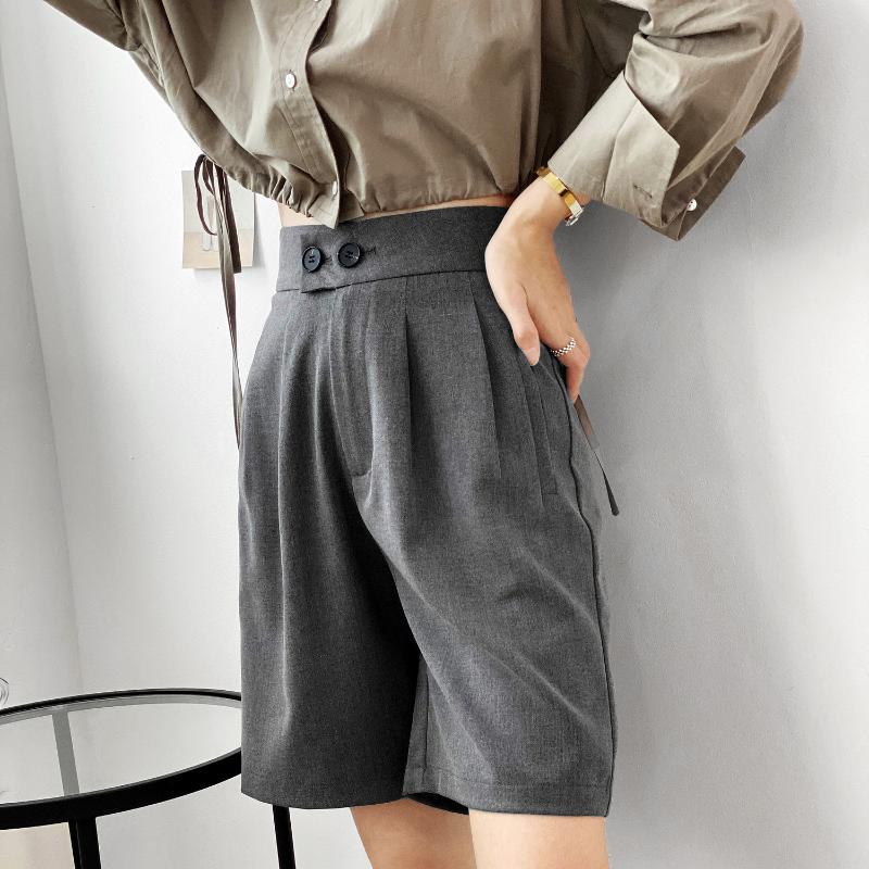 

Korean Style Women 2020 New Fashion Loose High Waist Short Pants Solid Color Casual Wide Leg Pants Knee Length, Gray