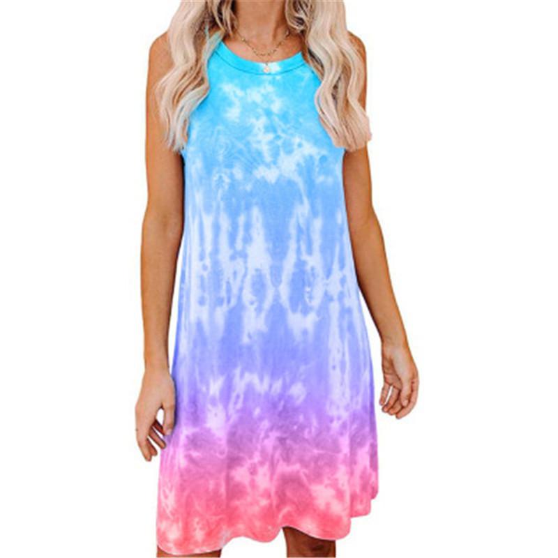 

Tie Dye Printed Women Dress Designer New Gradient Loose Vest T-shirt Casual Round Neck Dress Fashion Trend Female Sleeveless Short Skirt