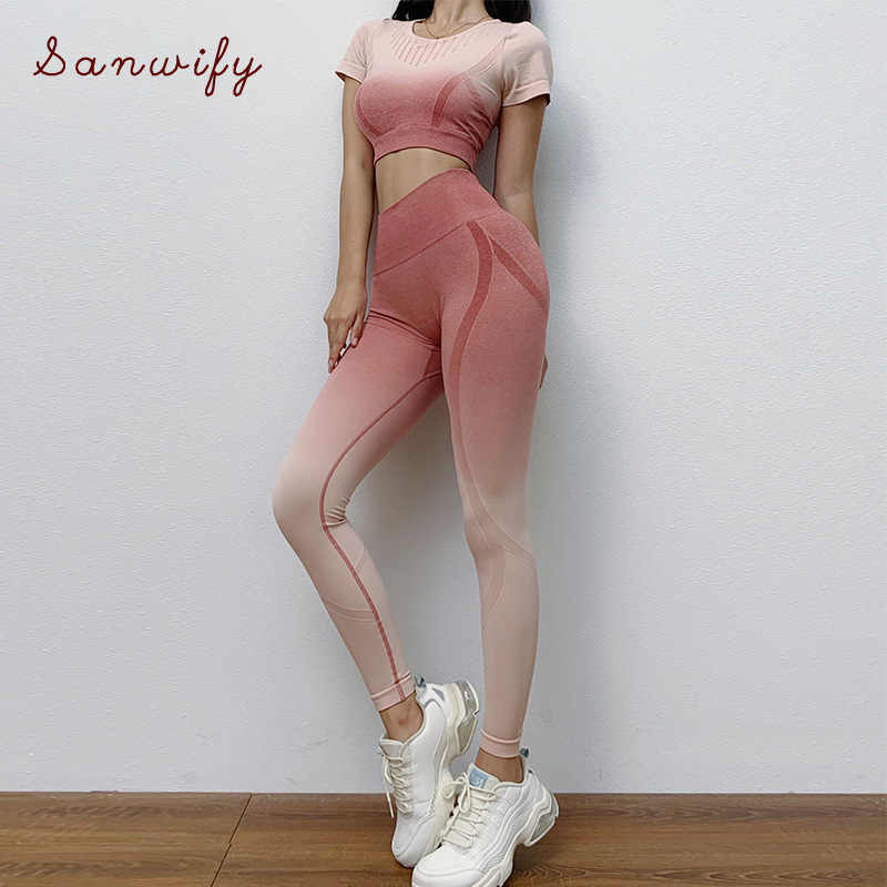 

Seamless Yoga Set Short Sleeve Sports Suit Gym Leggings+built In Bra Crop Top Shirt 2 Piece Workout Clothes Women, Blue