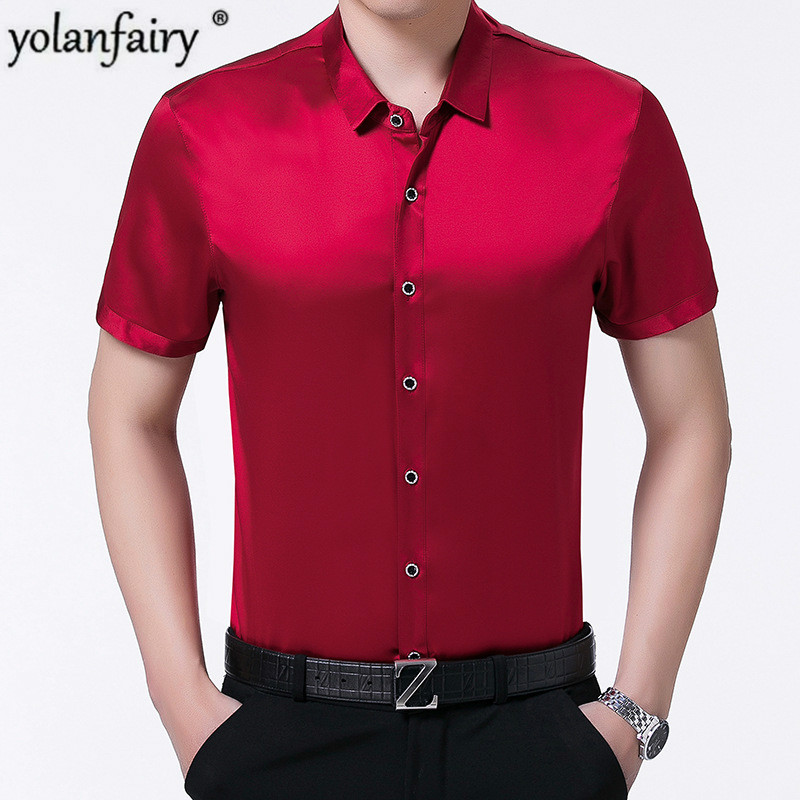 

100% Silk Men Shirt Short Sleeve Summer Red Black Shirt Korean Men Clothes Formal Man Shirts High Quality Camisa CH-777 KJ1952