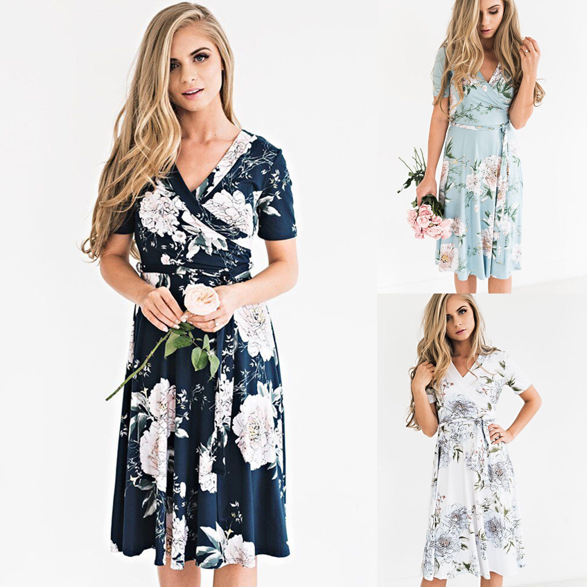 

2018 New Fashion Women' Summer Bohemian Style Casual Long Maxi Evening Party Beach Print Dress Sundress, Dark blue