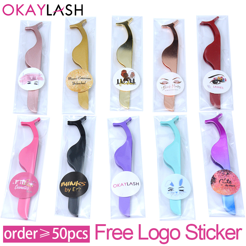 

OKAYLASH Private Label Wholesale Stainless Steel False Eyelash Tweezers Bulk Sale Fake Lash Applicator Custom LOGO Sticker