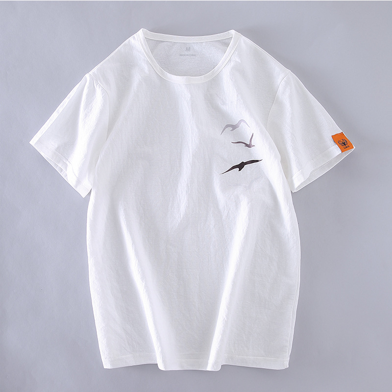 

H801 Flax Short Sleeve T-Shirt Men'S Simple Japanese-Style White Cotton Linen Half Slim Fit Crew Neck Seagull-Soft T-Shir -40