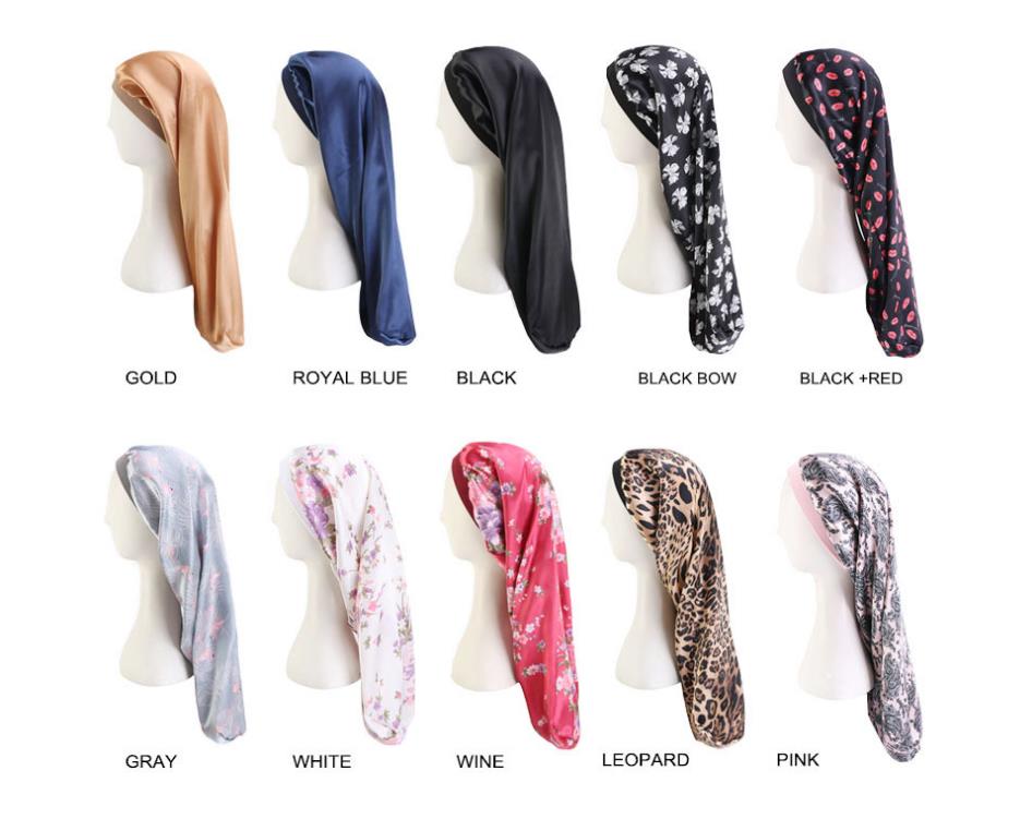

Extra Long Satin Bonnet Sleep Cap Long Bonnet for Braids Women Fashion Leopard Floral printed Silky Hair Loose Cap Wholesale C346, 10 designs for choose