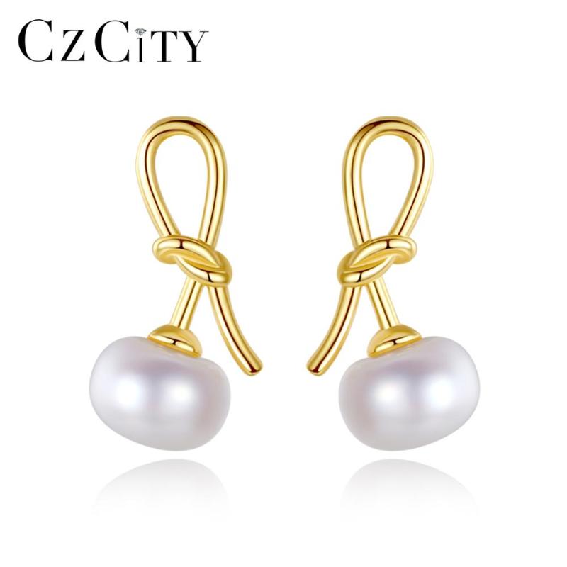 

CZCITY Lovely Natural Pearl 925 Sterling Silver Bow-knot Stud Earrings for Women Cute Girls Dating Romantic Fine Jewelry FE0283