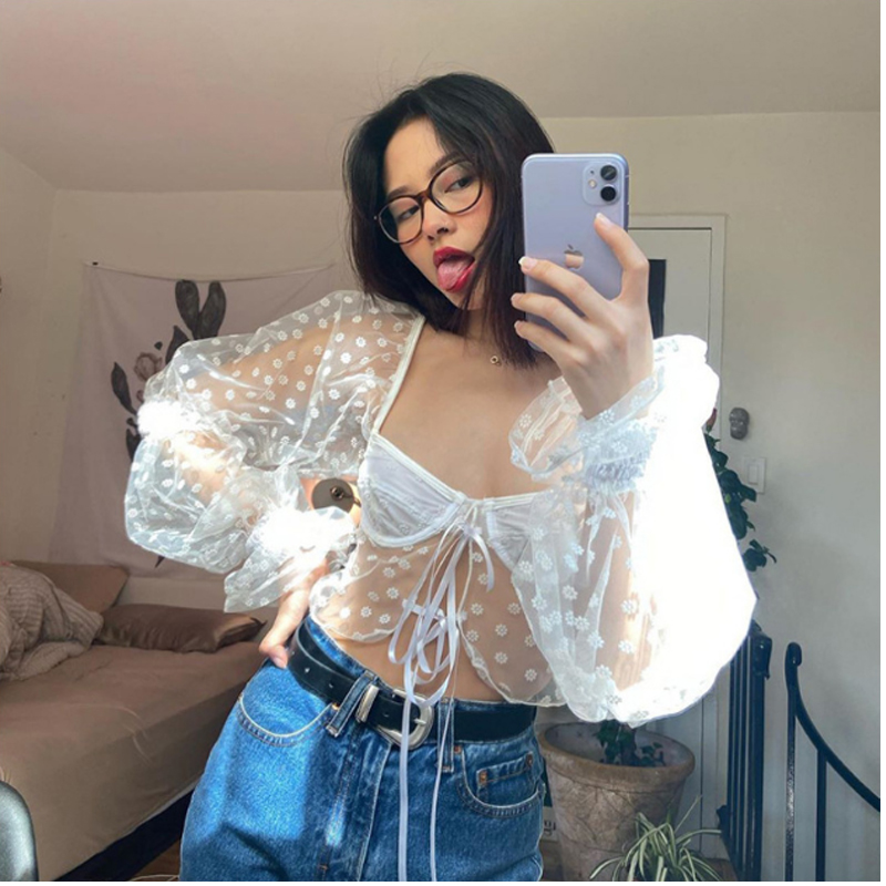 

Meihuida Women Long Sleeve Petal Sleeve Mesh Sheer See-through Daisy T-Shirt Tops Lace-up Open Stitch Daily Wear T-shirts Tops, White