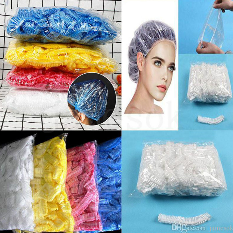 

New 100pcs/set Disposable Shower Caps waterproof One-Off Elastic bath Hat Shower Clear Salon Bathing Cap hotel cleaning supplies DA364