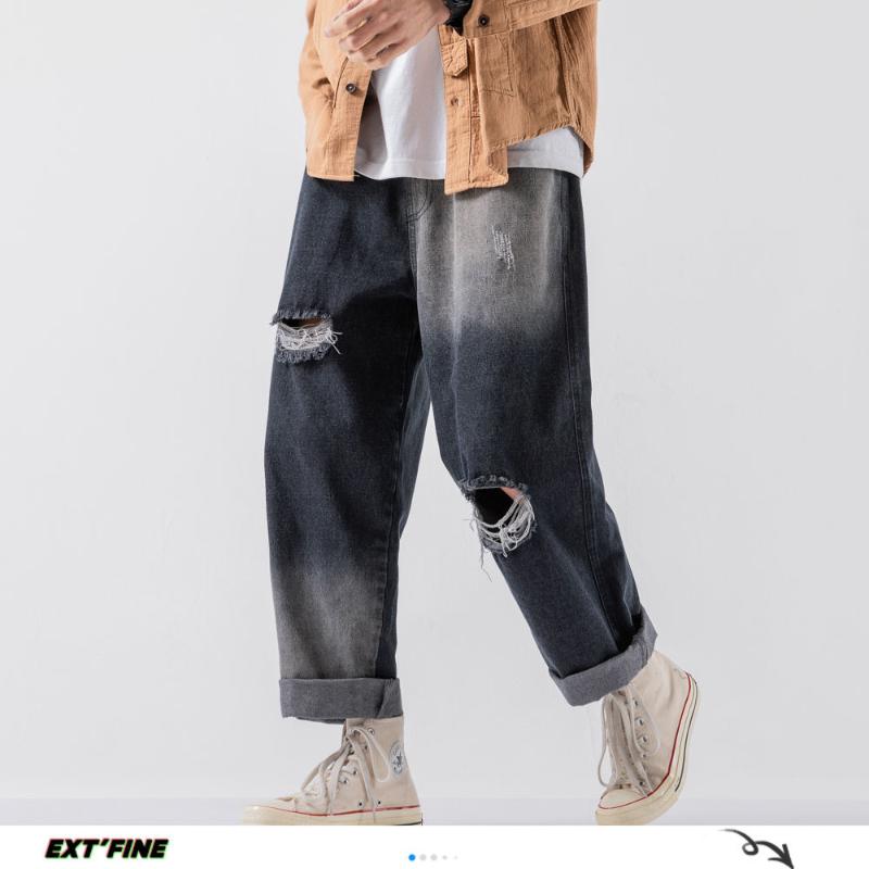 

ExtFination | Man Straight Hole Casual Wide Leg Jeans Mans 2020 Summer Fashion Hip Hop Denim Harem Pants Male Vintage Jeans 5XL, Black