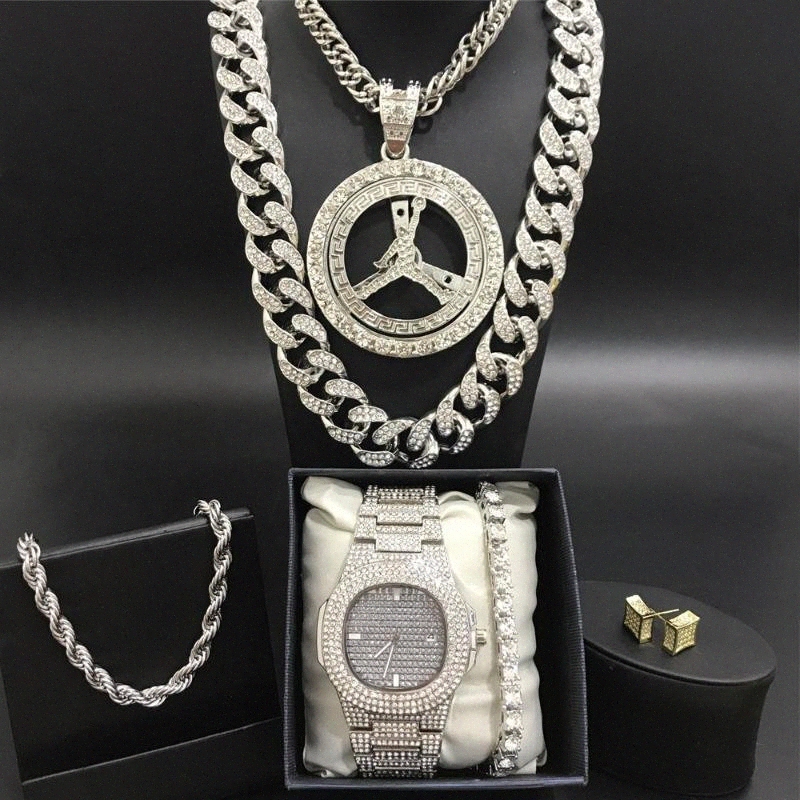 

Men Silver Watch Hip Hop Men Watch & Necklace & Braclete&Ring Combo Set Out Cuban Crystal Miami Chain Hip Hop For R9Dl#