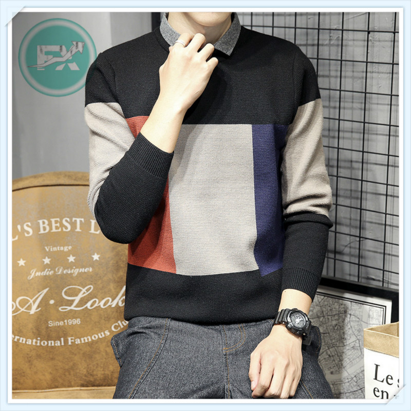 

G. SKY New Style Shirt Collar Men Mock Two-Piece Sweater Base Shirt Crew Neck Slim Fit Fashion Sweater