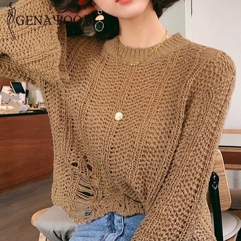 

Genayooa Casual Pullover Sweater Knitted Women Winter 2020 Long Sleeve Hollow Out Sweater Women Short Jumper Ladies Korean Style, Purple