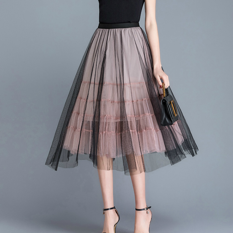 

Super Chic Contrast Color Tutu Tulle Skirts Spring Autumn Puff Patchwork Pleated Mid Calf Long Skirts Pink Ivory Black, Black with pink