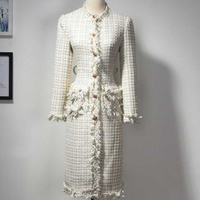 

2020 Fall Winter fashion tweed Coat Women small fragrance slim Wool Blend belted Long Overcoat, Beige