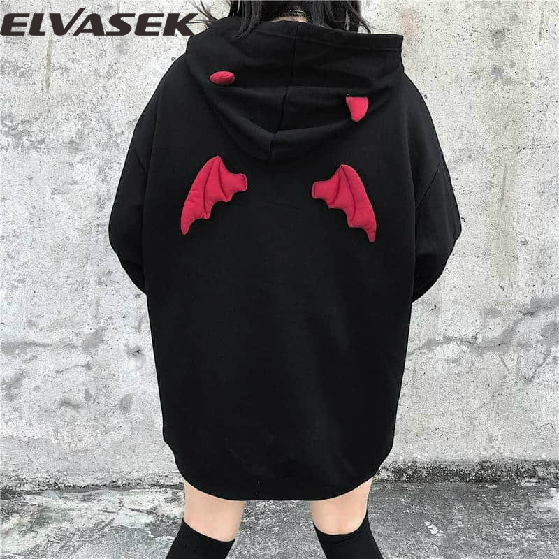 

Spring Autumn Women Sweatshirts High Street Harajuku Cute Hoodies Punk Gothic Devil Chic Hooded Pullover Loose Sweat CA6865, Black