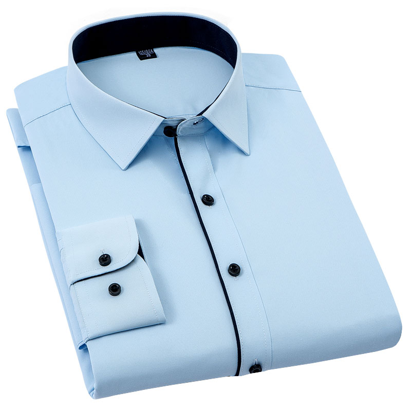 

Men's Long Sleeve Dress Shirt Black Edge Placket Solid Color Fashion Business Standard Fit Non-iron Men Smart Casual Shirt, White
