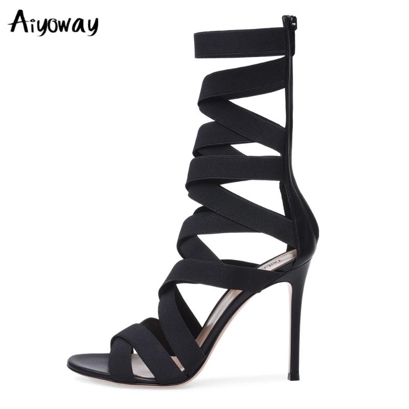 

Aiyoway New Fashion Strappy Sandals Elastic Band Wrapped Mid Calf Boots Women Summer Stilettos Ladies Black High Heel Shoes