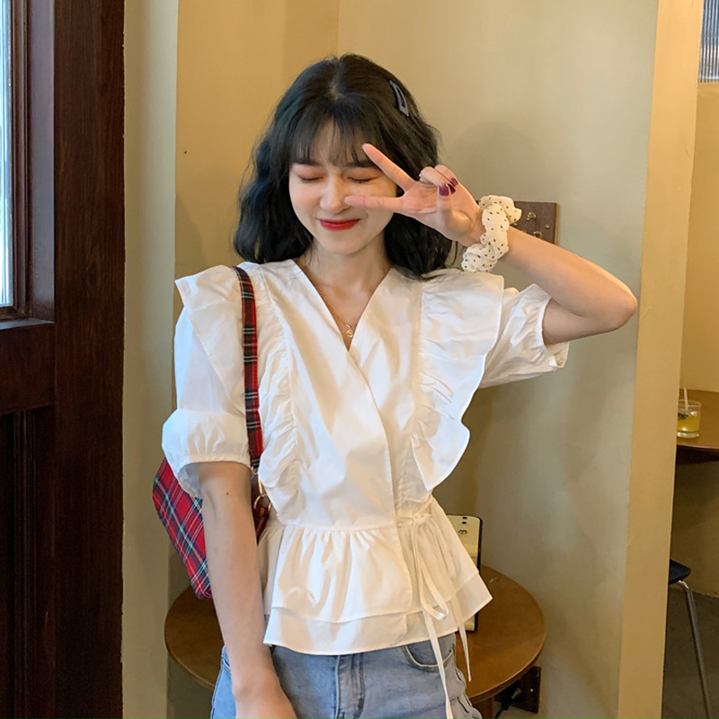 

Women Summer Blouse Shirts Korean Chic V Neck Solid Color Short Puff Sleeve Ruffles Patchwork Lace-up Waist Slim Blusas 2020, Purple