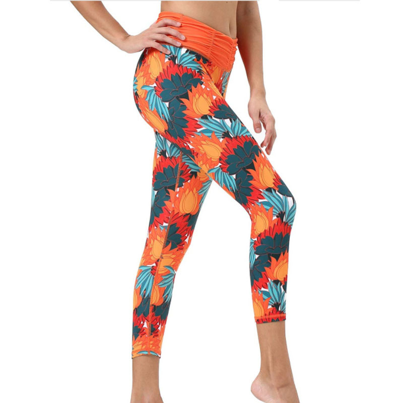 

2020 plant-print skinny sports pants yoga fitness trousers waist wrinkled trousers, Black