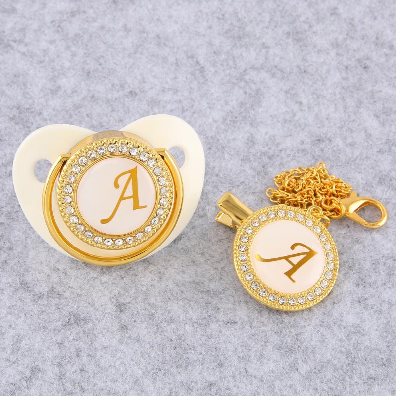 

Golden Initial Letter Baby Pacifier With Chain Clip Luxury Sucette BPA Free White Chupete For 0-18 Months