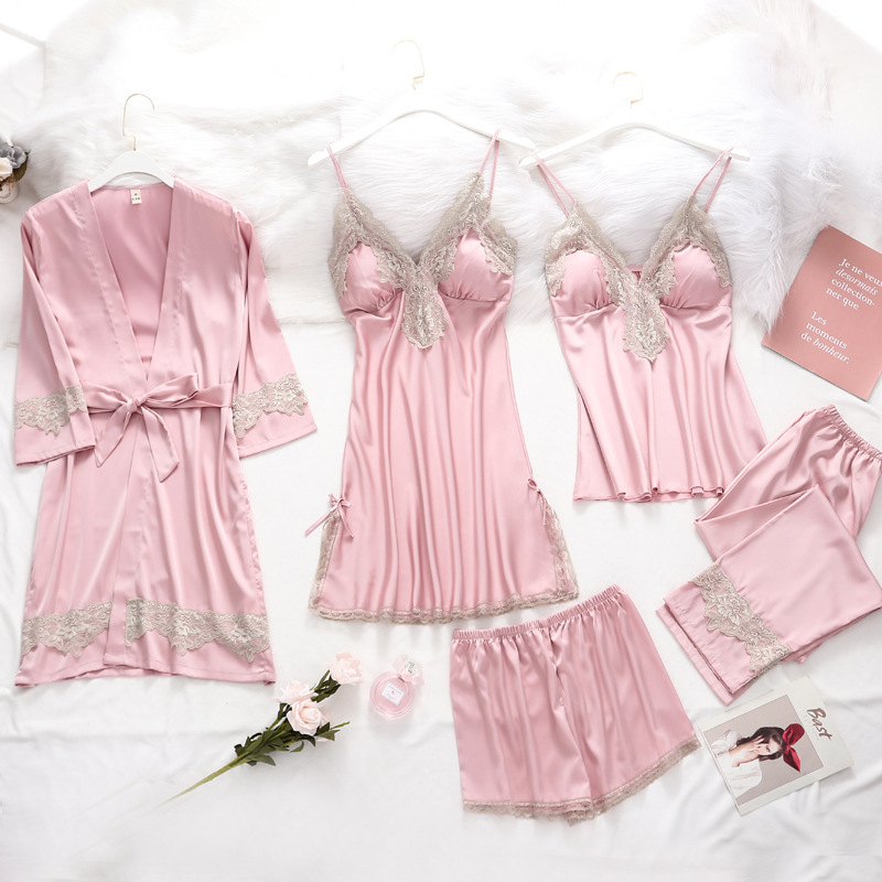 

Spring Summer New Sleepwear Kimono Gown Intimate Lingerie Lace Sexy Nightwear Women Satin Casual Sleep Set Home Clothing, Pink