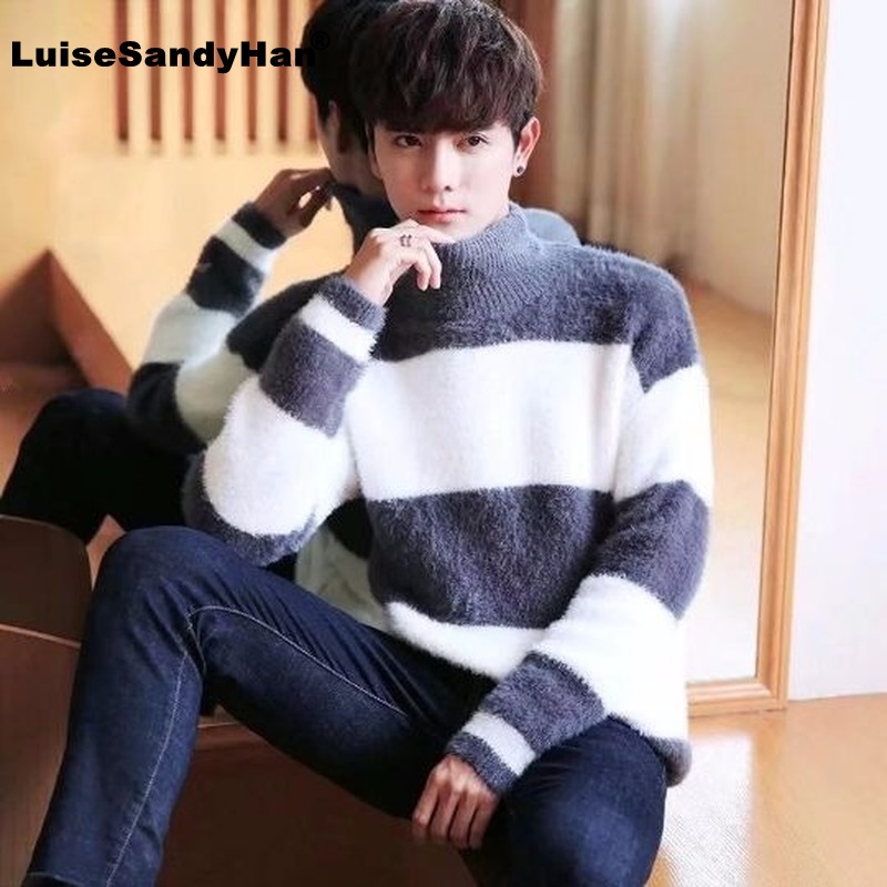 

Imitation Mink Velvet Turtleneck Striped Knitted Sweater Man Loose Long-sleeved Fashion Stretch Sweater Pullover Man Pullover, Brown