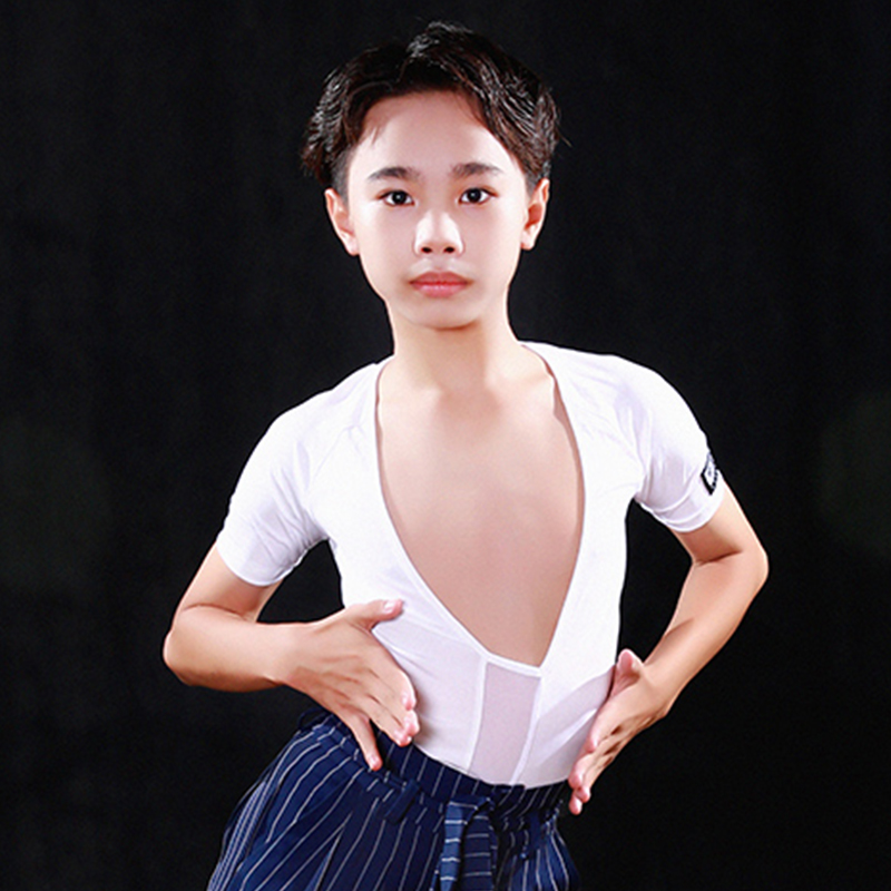 

Latin Dance Shirts Children Big V-Neck Short Sleeve Tops Cha Cha Tango Samba Salsa Clothing Boys Competition Stage Wear DN6230, White