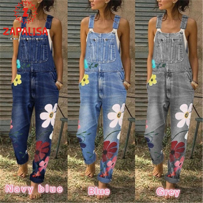 

Fashion Women Summer Autumn Casual Loose Jumpsuits Patchwork Design Pockets Decor Sling Sleeveless Flower Print Denim Overalls, Light blue