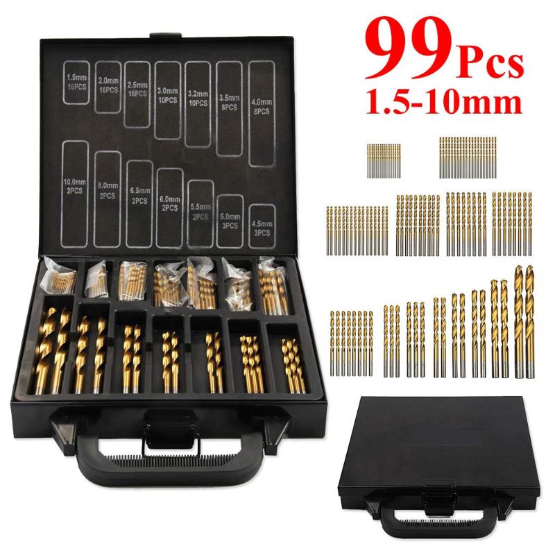 

99Pcs Hss Drill Bits Set Titanium Coated Plastic Wood Metal Drill Bits for Cast Iron, Copper, Aluminum, Plastic and Wood Etc