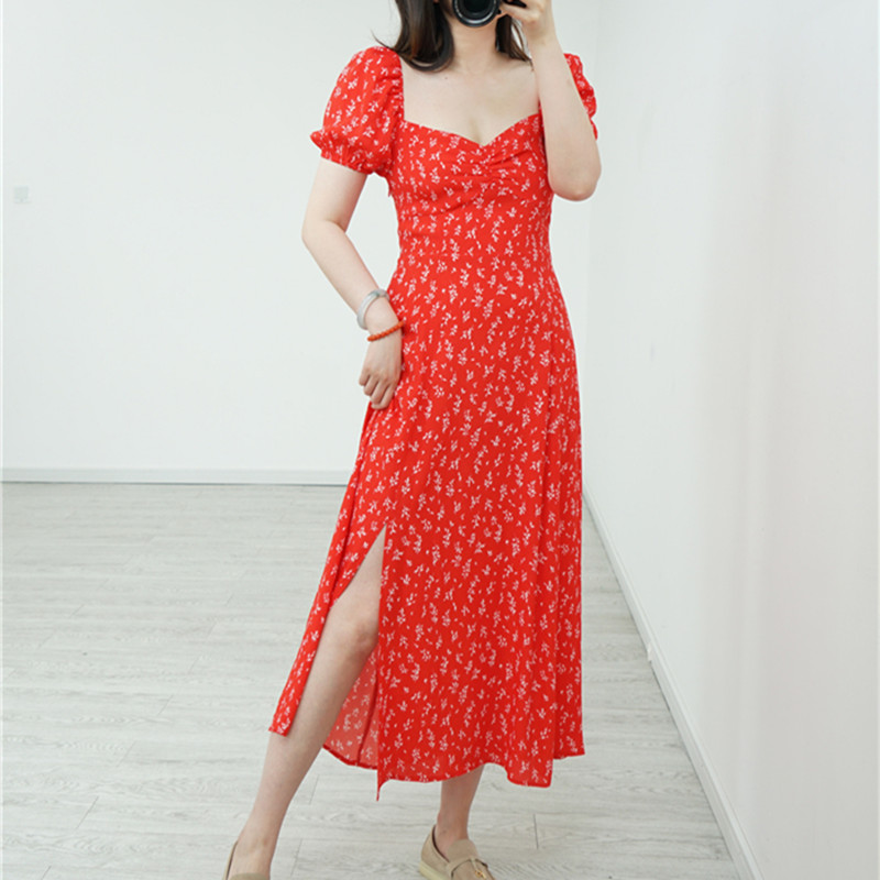 

2020 New Retro Floral Womens Midi Dress Red Puff Sleeve Square Collar Slim Waist Split Long Dresses pleated Sundress