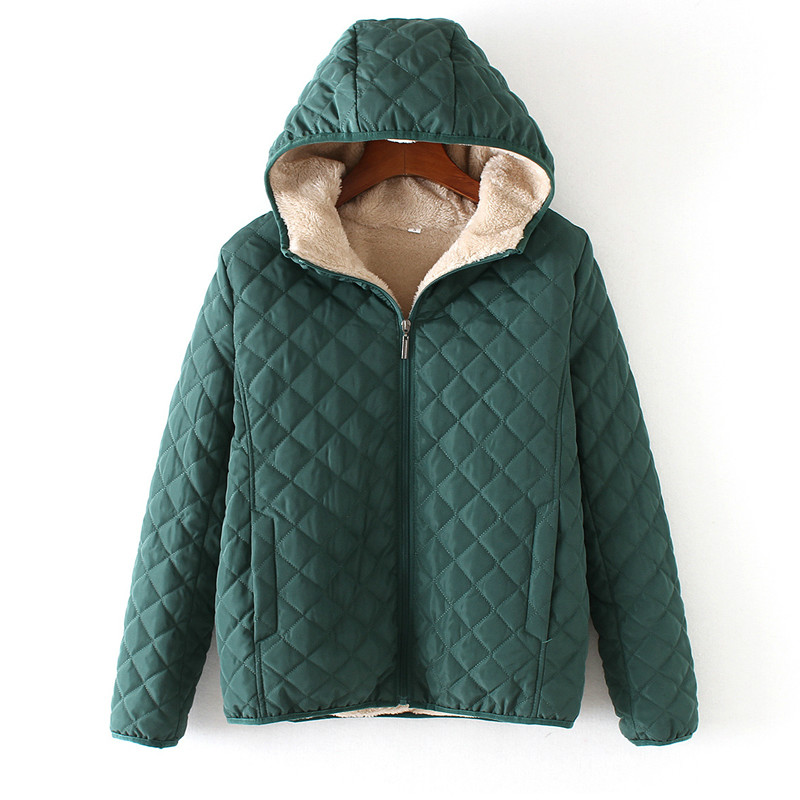 

Manley Arty Winter Casual Short Cotton Coats Women Hooded Diamonds Partern Artificial Fleece Inside Outwear Femme Slim Overcoat, Black