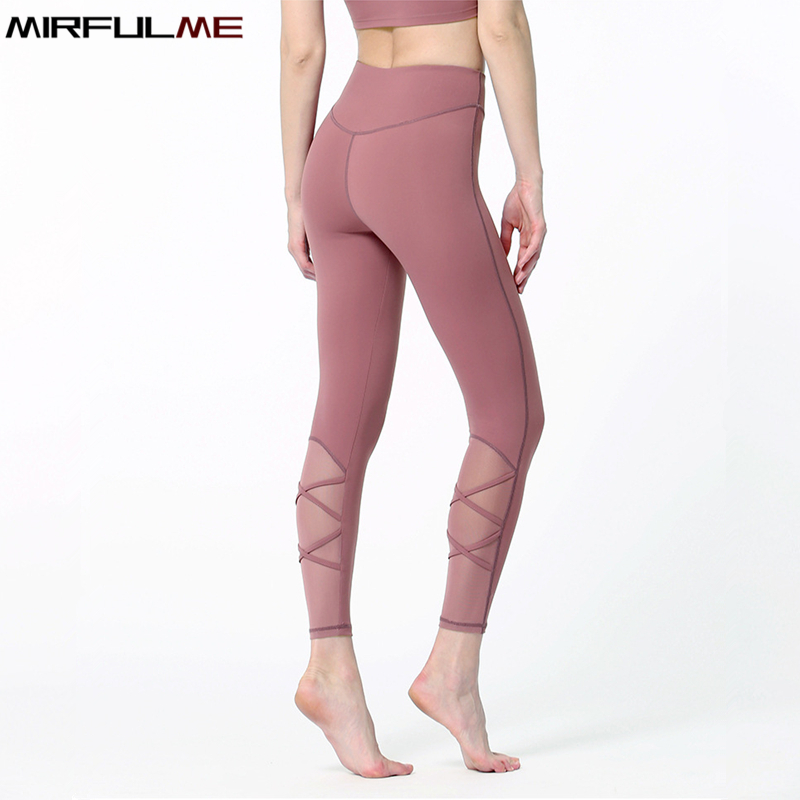 

Women Sport Leggings High Waist Yoga Pant Mesh Patchwork Cross Bandage Gym Workout Leggings Tummy Control Running Fitness Tights, Sb-z006 pink