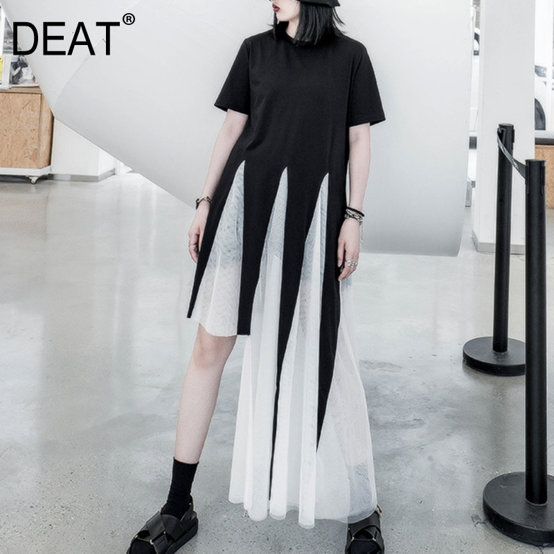 

DEAT Short-sleeved Round Neck Stitching Irregular Length Mesh Woman Dress Dark Personality Fashion 2020 spring New TV081, Black short