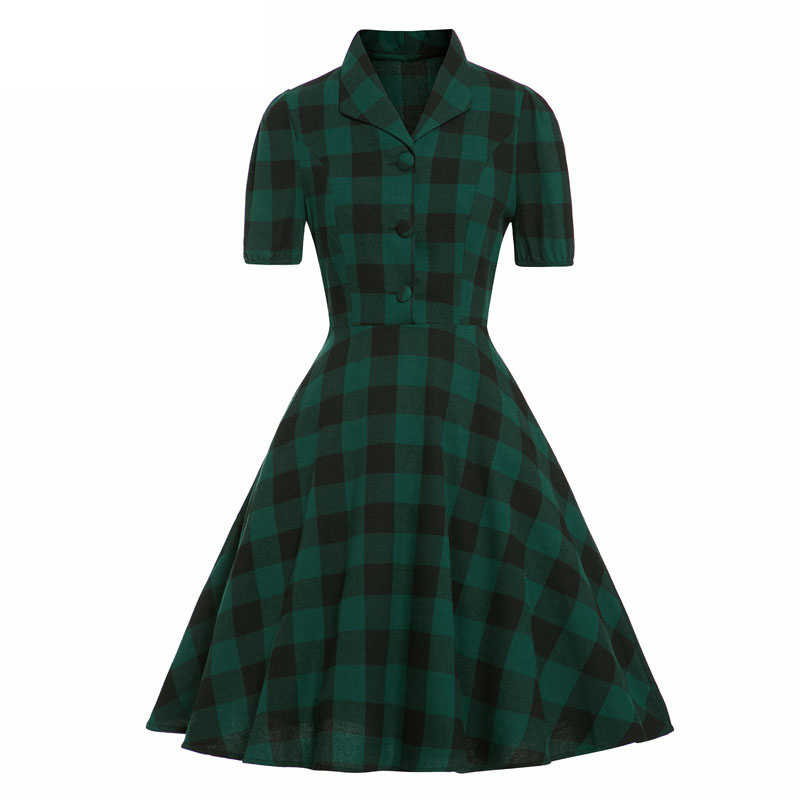 

Elegant Pin Up Vintage Green Plaid Dress Women Turn-Down Collar Pocket Side Cotton 50s Tunic Dress Gingham Rockabilly Dresses