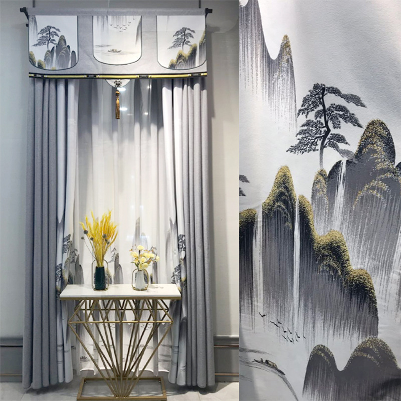 

Bedroom New Chinese-Style Printed Curtains for Living Room Bedroom Stitching Shade Curtains Cotton and Linen Gray Landscape, Tulle