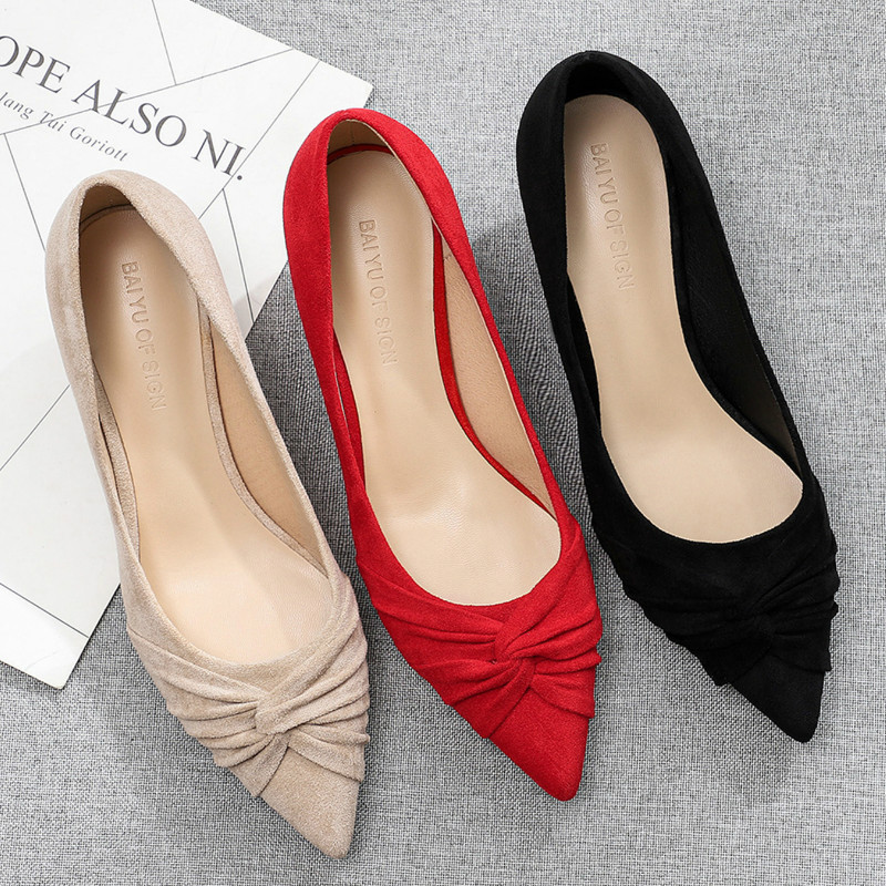 

2020 Red Wedding Shoes Small Thin High Heels Shoes Woman 3.5cm Pointed Toe Pleated Elegant Solid Flock Sexy Casual Slip On Pumps, Beige