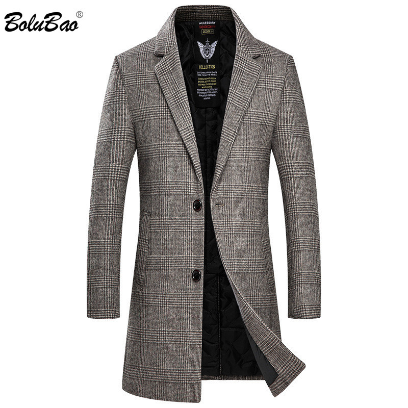 

BOLUBAO Men's Wool Blend Coat Version Spring Male Long Wool Blend Warm Fashion Plaid Print Coat Brand Men Blends, Gray