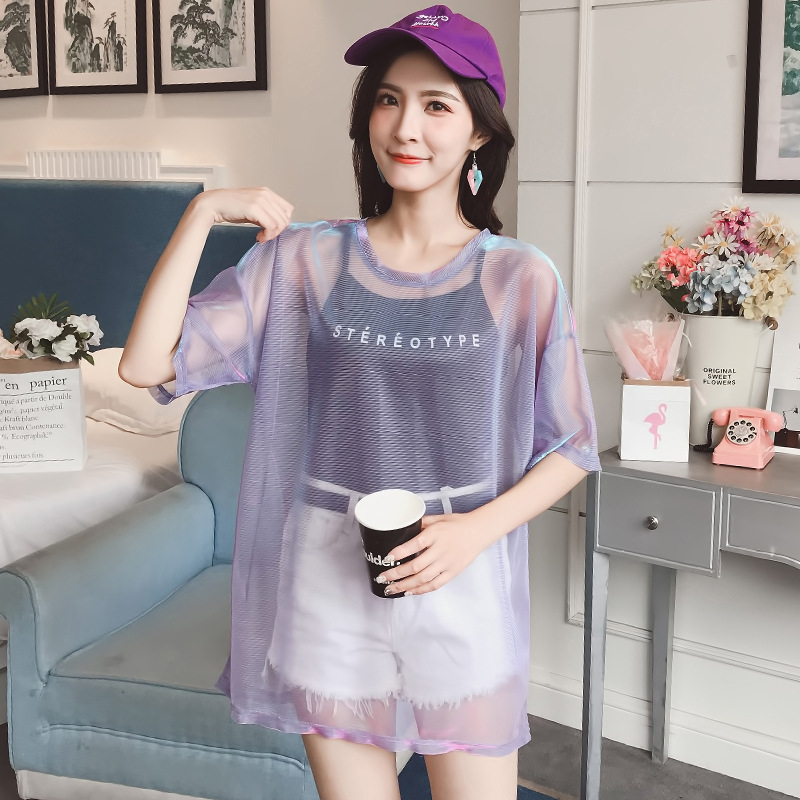 

Blackday Fashion Hollow Out T Shirt Women Sexy Transparent Summer Tops Ladies Short Sleeve Loose Two set T-Shirts Women Tee Shirt, Lavender