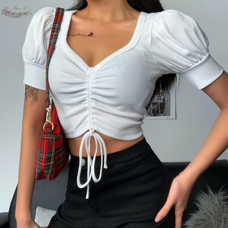 

Fashion New 2020 Drawstring T-shirt Lady Short Sleeve Knit Tee Women Summer Deep V-neck Casual Clothes Drawstring Crop Tops, Black