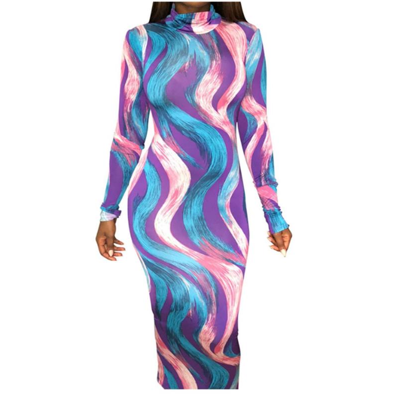 

Autumn and winter new sexy high neck, painted and printed long-sleeved slim women' dress, Gold