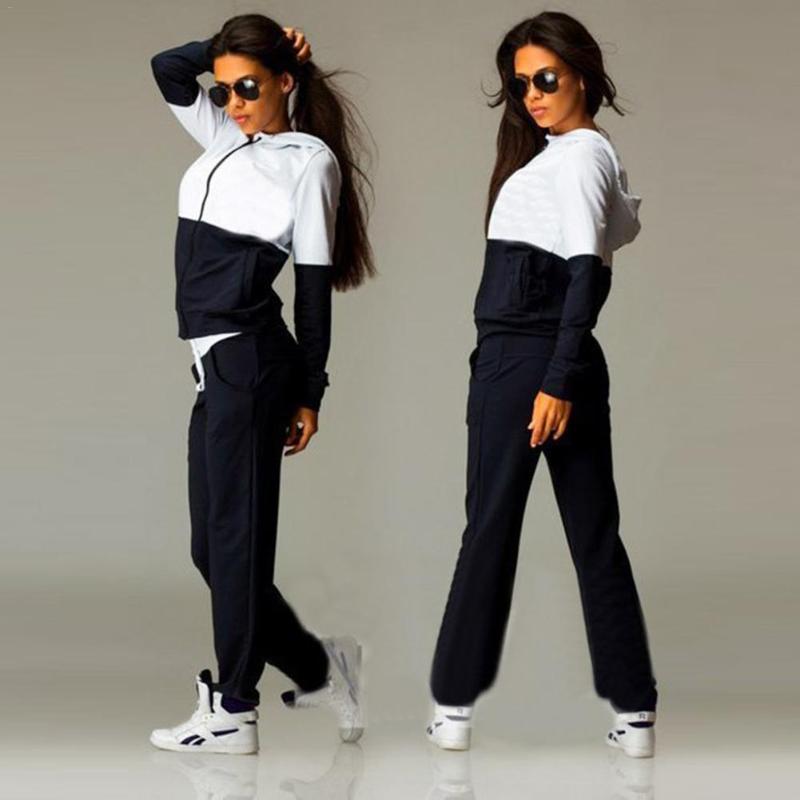 

Spring Autumn Women Tracksuits 2 Pieces Hoodies Sweatshirt + Pants Fitness Yoga Sport Suits Patchwork Running Set -XL, Black