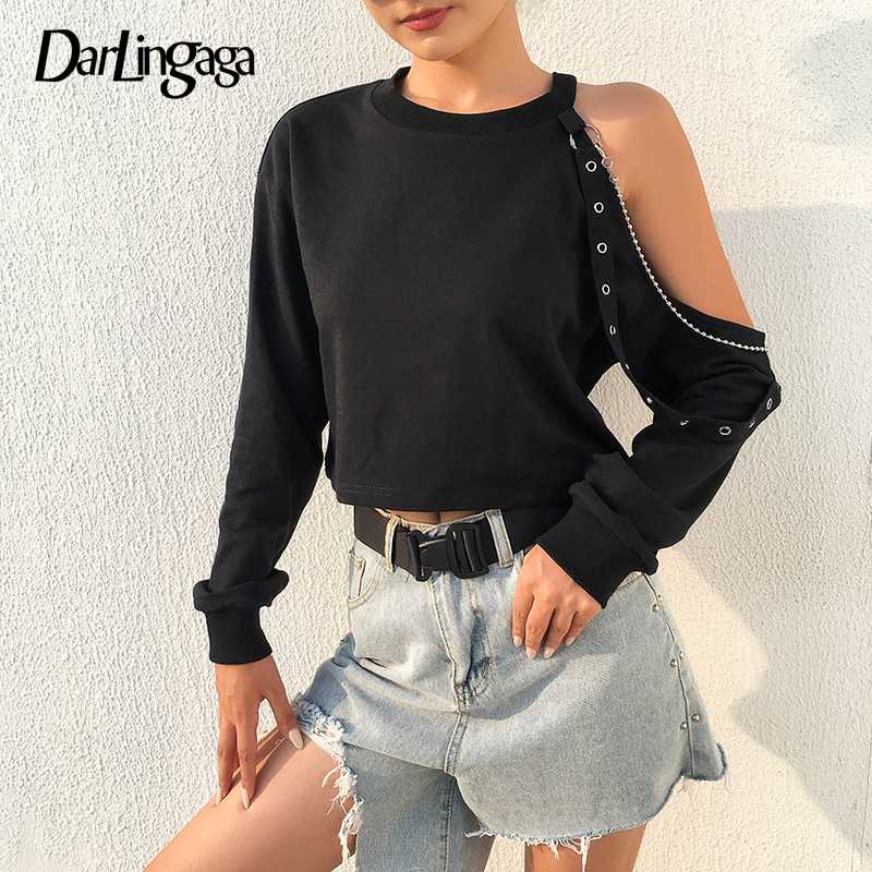 

Darlingaga Streetwear Punk Autumn Cropped Sweatshirt Women Chain Cold Shoulder Pullover Gothic Sweatshirts Hoodies Crop Tops New, Black