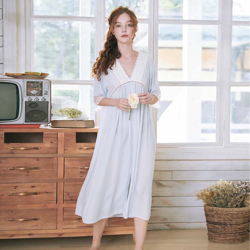 

Roseheart Women White Sexy Sleepwear Night Dress Lace Homewear Nightwear Luxury Nightgown Female Court Gown Cotton, Blue