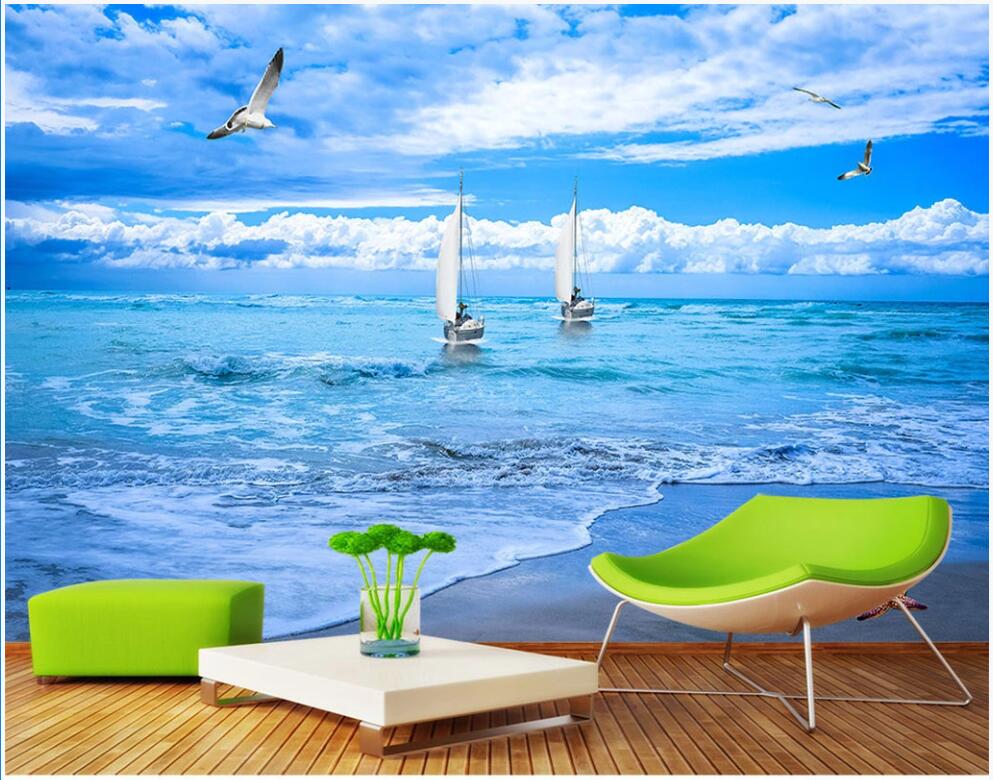 

3d wallpaper custom photo mural on the wall Sailing boat with beach sea view home decor 3d wall murals wallpaper for living room, Non-woven